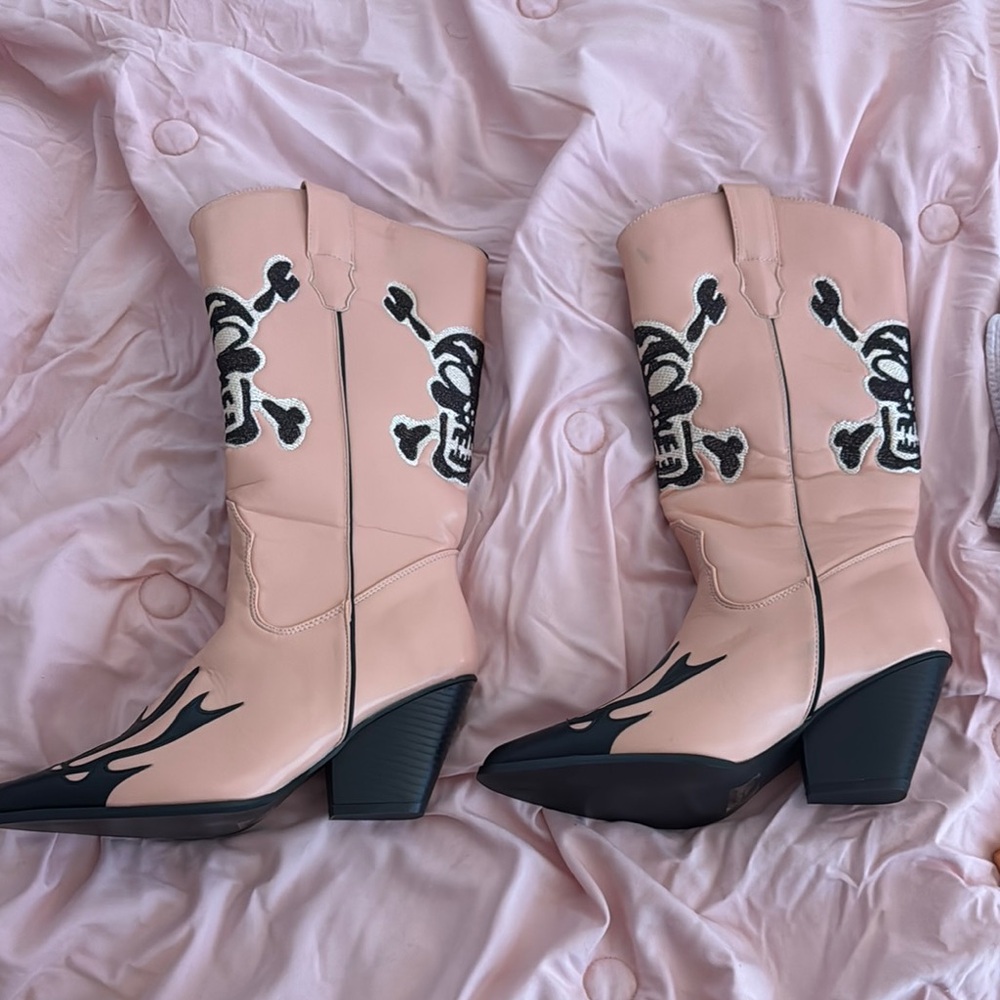 Dolls Kill Pink and Black Heeled Boots with Chunky Sole